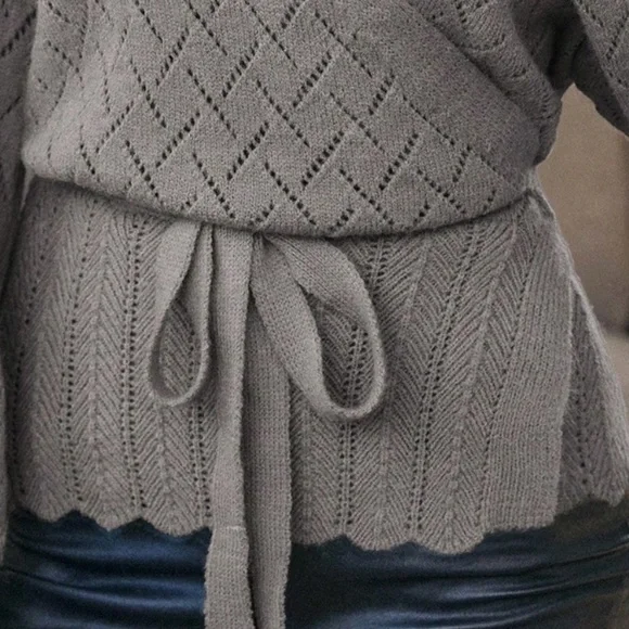 Gray Wrap Cardigan Long Lantern Sleeve Ties - Picture 6 of 8